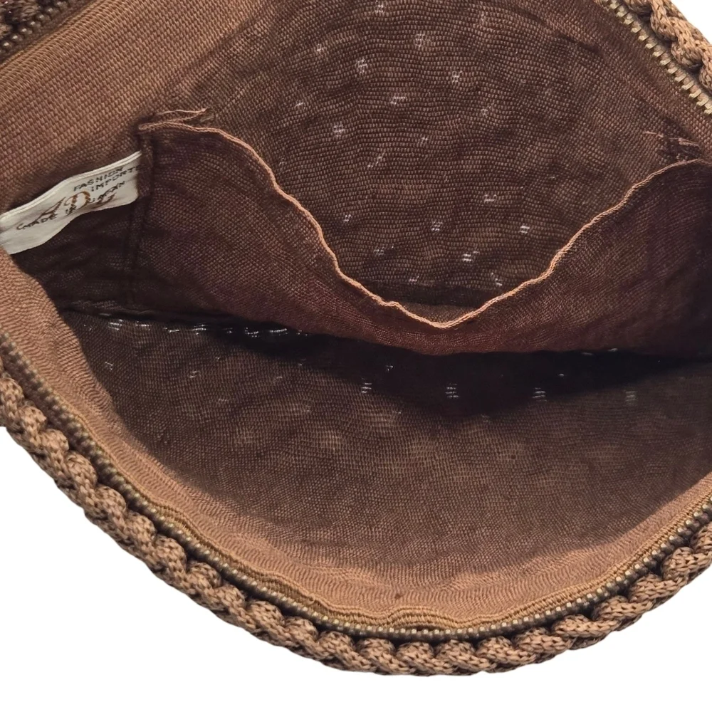 Fashion Imports ADG Japan Vintage Brown Boho Crochet Macrame Bag Full Zip
